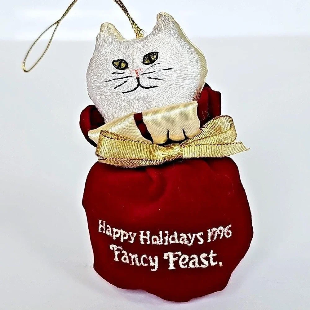 1996 Fancy Feast Cat Ornament Red Velvet Sack White Persian Holiday Collectible